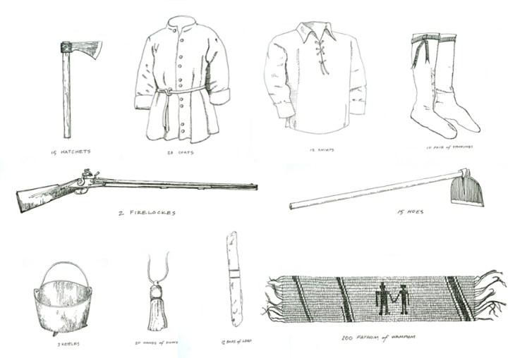 2 Firelockes, 12 Bars of Lead, 20 Coats, 20 Hands of Powder, 15 Hatchets, 15 Hoes, 3 Kettles, 12 Shirts, 1- Pair of Stockings, 100 Fathom of Wampum